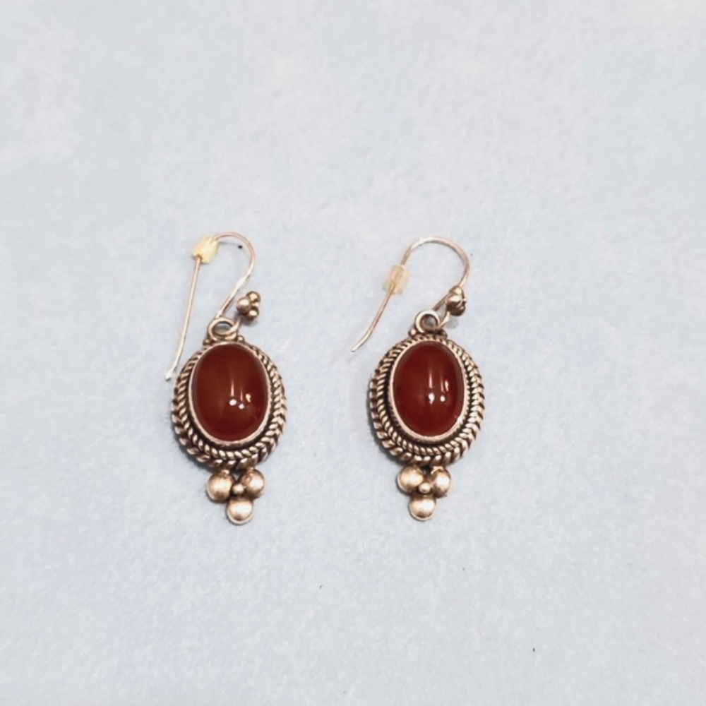 ❤️ Indonesian Sterling Silver Dangle Earrings Red Carnelian Cabochon